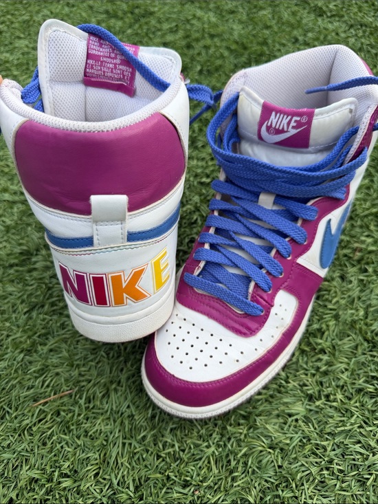 Nike Shoes - Vintage Nike High-Top Sneakers in White, Magenta & Blue with Multicolor Logo